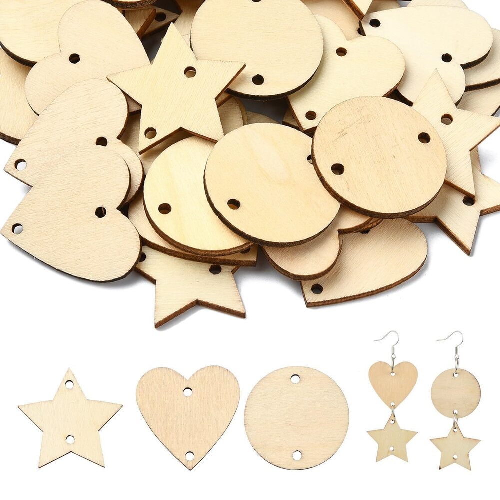 7665 180 pcs 3 Style Heart Star Undyed Wood Cutout Link Charms Love